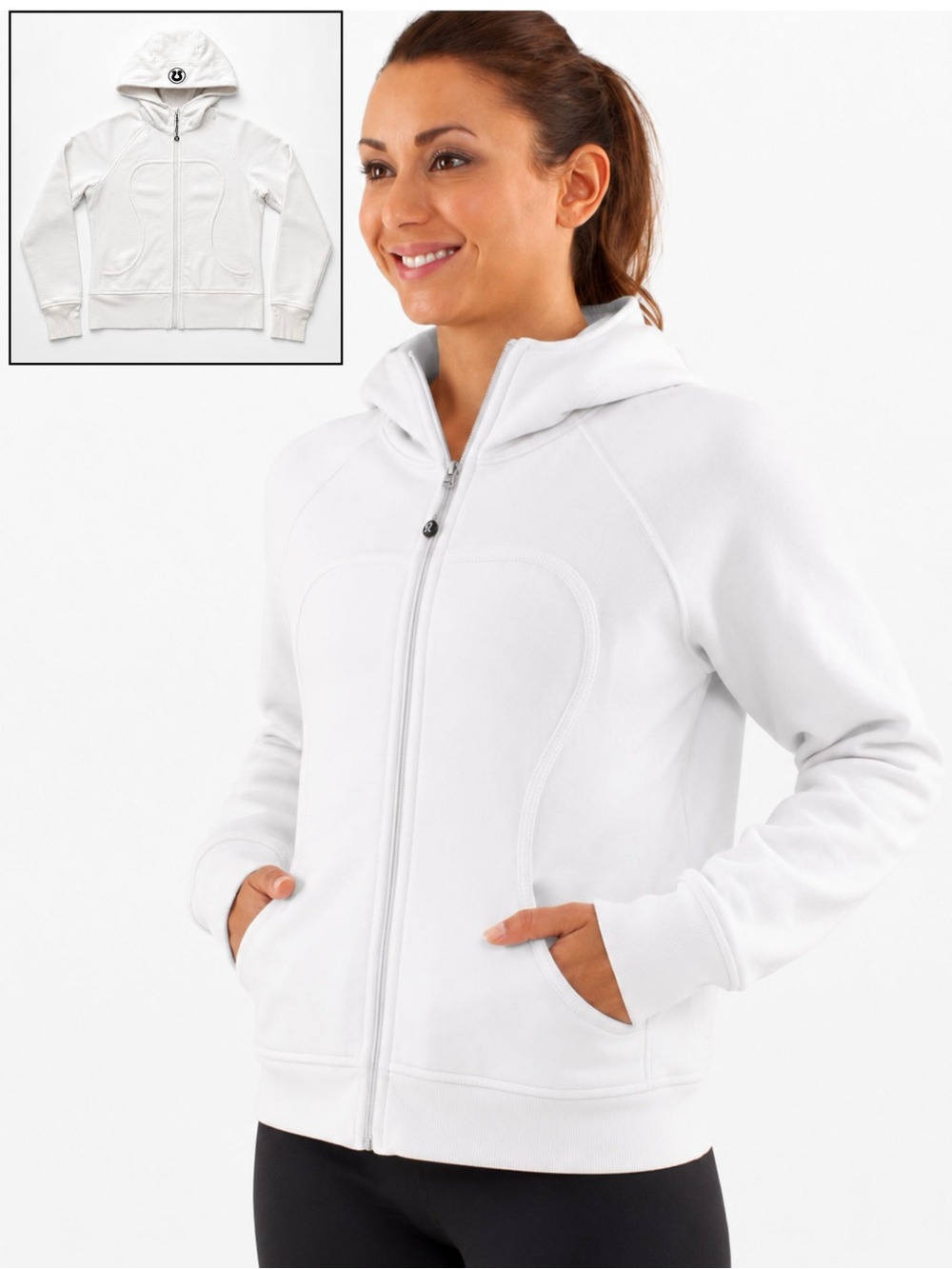 Vintage Lululemon Scuba Full Zip Hoodie White with Black Fuzzy Logo on Hood